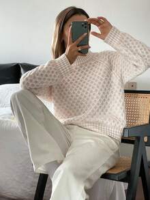SEREN Sweater Pullover Lengan Panjang Rajut Waffle Musim Gugur/Dingin Wanita, Atasan Rajut Leher Setengah Tinggi, Gaya Bohemian Kasual - Aprikot - View 4