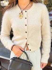 Live To Mo Women's White Crew Neck Cropped Knit Cardigan, Elegant Casual Long‑Sleeve Sweater Coat For Fall Winter Back To School & Business Daily Wear - Off White - View 9