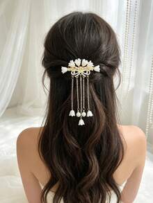 1pc Vintage Lily Of The Valley Pearl Tassel Spring Hair Clip, Hanfu Hair Accessory Side Clip, Gentle Fairy-Like Floral Rhinestone Headpiece - Multicolor - View 9