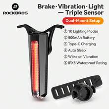 ROCKBROS 1PC Lampu Belakang Sepeda dengan Tiga Sensor (Rem, Getaran, Cahaya), Waktu Penggunaan 27 Jam, Mode Tidur Cerdas, Pengaktifan Getaran, 10 Mode Pencahayaan; Cocok untuk Sepeda Gunung dan Sepeda Balap, Aksesori Bersepeda - Grey - View 2