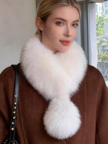 1pc Autumn/Winter Korean Style Thickened Solid Color Faux Rabbit Fur Plush Scarf, Warm Cross Collar Neck Warmer - Multicolor - View 4