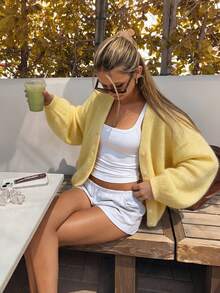 Women Yellow Solid Color V-Neck Front Button Long Sleeve Cardigan, Soft Knit Regular Fit Autumn Cardigan For Daily Work & Going Out - Yellow - View 3