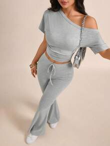 Women's Gray One-Shoulder Short Sleeve Fitted Cropped Top With Drawstring Flare Pants 2 Pieces Set, Casual Minimalist Sexy Hot Girl Style - Flecking Gray - View 8