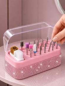 Caja de almacenamiento y exhibición con cepillo para brocas de taladro de uñas con 30 ranuras, decorada con diamante de imitación - Multicolor - Ver 9
