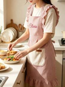 1pc Personalized Ruffle Apron, Adjustable Striped Kitchen Apron (With Pockets), Customized Baking Apron, Farmhouse Kitchen Accessory, Vintage Women'S Apron, Home Cooking Apron, Barista Apron, Handmade Style Kitchen Gift, Housewarming Gift - Multicolor - View 4