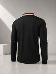 Men's Multi-Stripe Trim Collar Long Sleeve Polo Shirt, Solid Color Golf Business Casual Top - Black - View 2