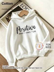 سويت شيرت للأطفال بغطاء رأس، مطبوع برسومات حروف Positive Mind Vibes Life، مبطن بالصوف السميك، بلوفر للأطفال - أبيض - مشاهدة 1