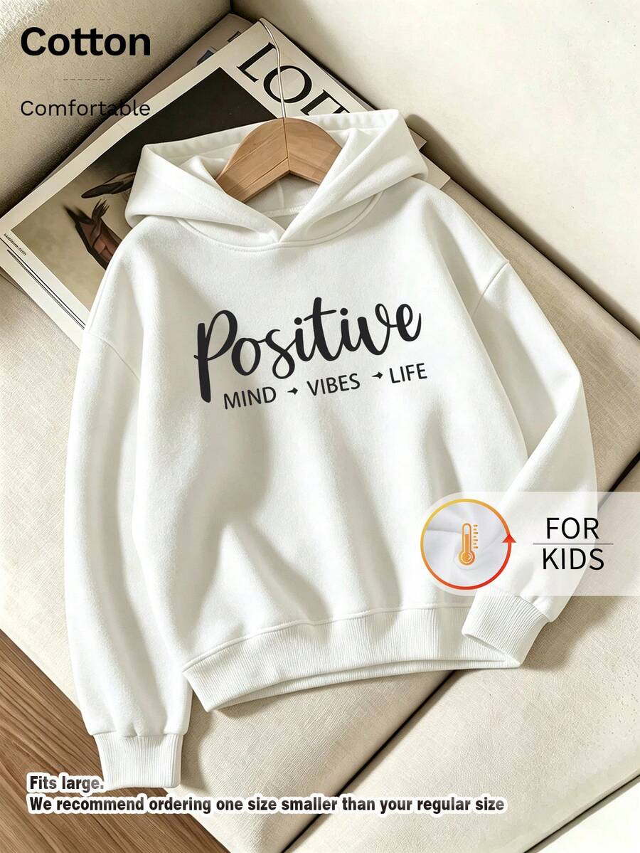 سويت شيرت للأطفال بغطاء رأس، مطبوع برسومات حروف Positive Mind Vibes Life، مبطن بالصوف السميك، بلوفر للأطفال - أبيض - مشاهدة 1