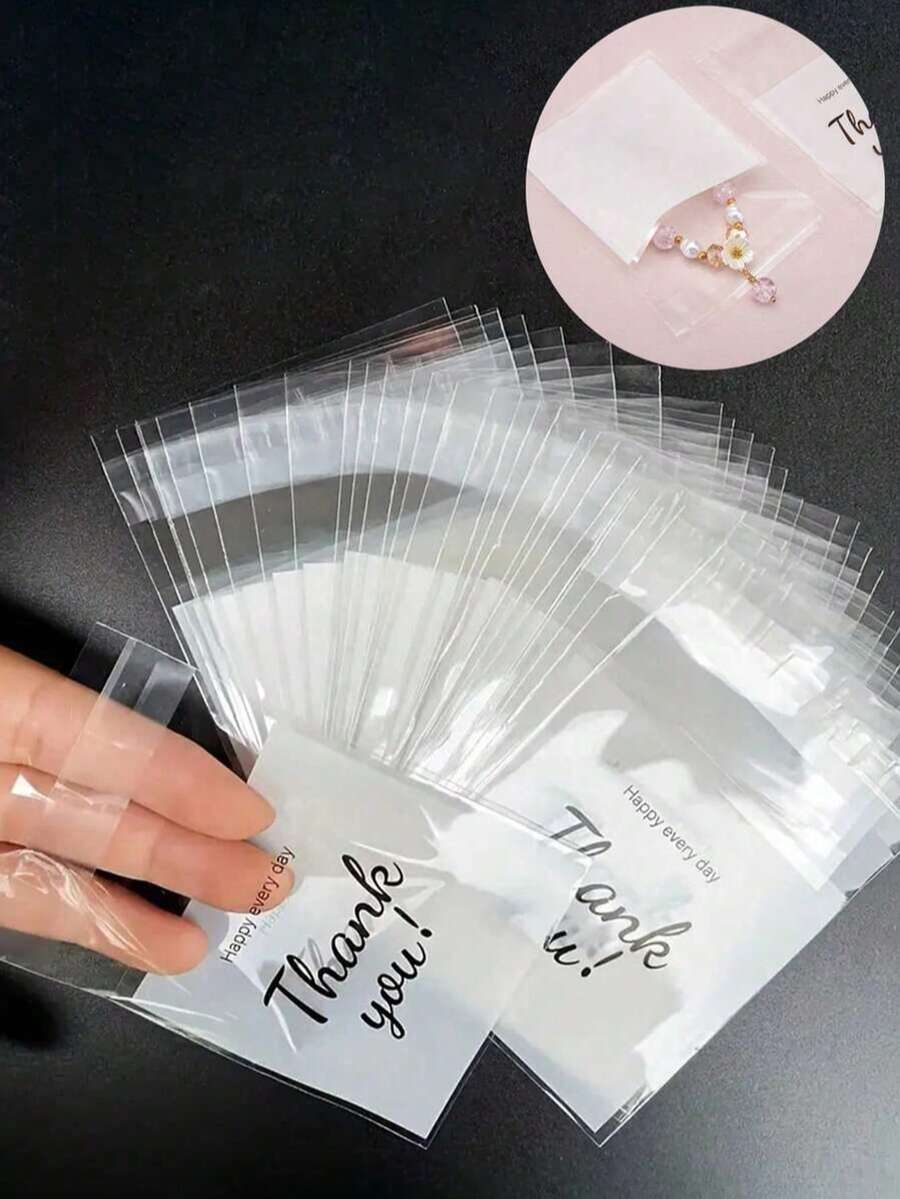 100pcs/50pcs, Multiple Sizes And Specifications, Translucent, Happy Every Day, Thank You Letter Bags, Jewelry Necklace, Earrings, Small Items Storage Bags, Self-Adhesive Sealing Bags, Dust-Proof, Wear-Resistant, Anti-Oxidation Packaging OPP Bags, Suitable For Daily Gatherings And Home Use - White - View 1