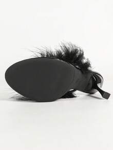 Women's Fluffy Feather Decor Thong High Heel Mule Shoes, Round Toe Open Toe Slip-On Stiletto High Heel Sandals, Party Evening Dress Shoes - Black - View 10