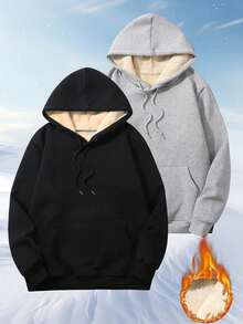 Men's Warm Lining Pullover Pullover Sweatshirt, Winter Warmth, With Large Pockets, Solid Color Casual Outdoor Wear - Black - View 5