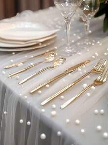 1pc White Pearl Embellished Sheer Fabric, Suitable For Table Runner, Ceremony Backdrop, Home Decor, Room Decoration, Birthday Party Decoration, Wedding Ceremony Decoration, Creating Romantic Atmosphere - Multicolor - View 3
