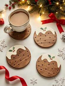 8pcs/4pcs Holiday Christmas Pudding Wooden Coasters - Featuring Custom Holiday Patterns With Meat Pies And Snowflakes,Perfect For Home,Office,Cafe Or Tea Room Decoration And Holiday Table Setting/Holiday Coasters/Wooden Coasters,Christmas Table Decor - View 2