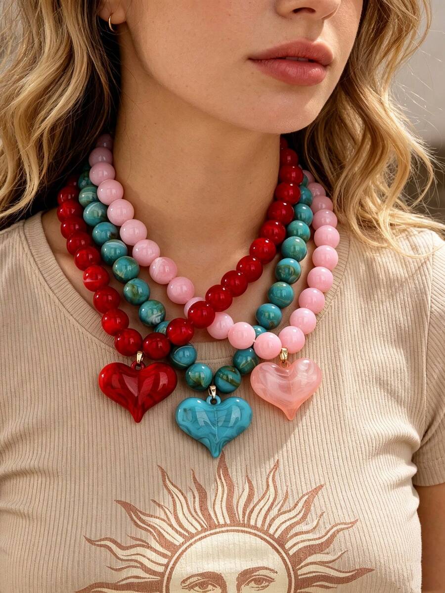 OABE 1pc Bohemian Style Festival Gift Multi-Color Beaded Necklace With Matching Heart Pendant, Suitable For Women - Heart Pendant Necklace - View 1