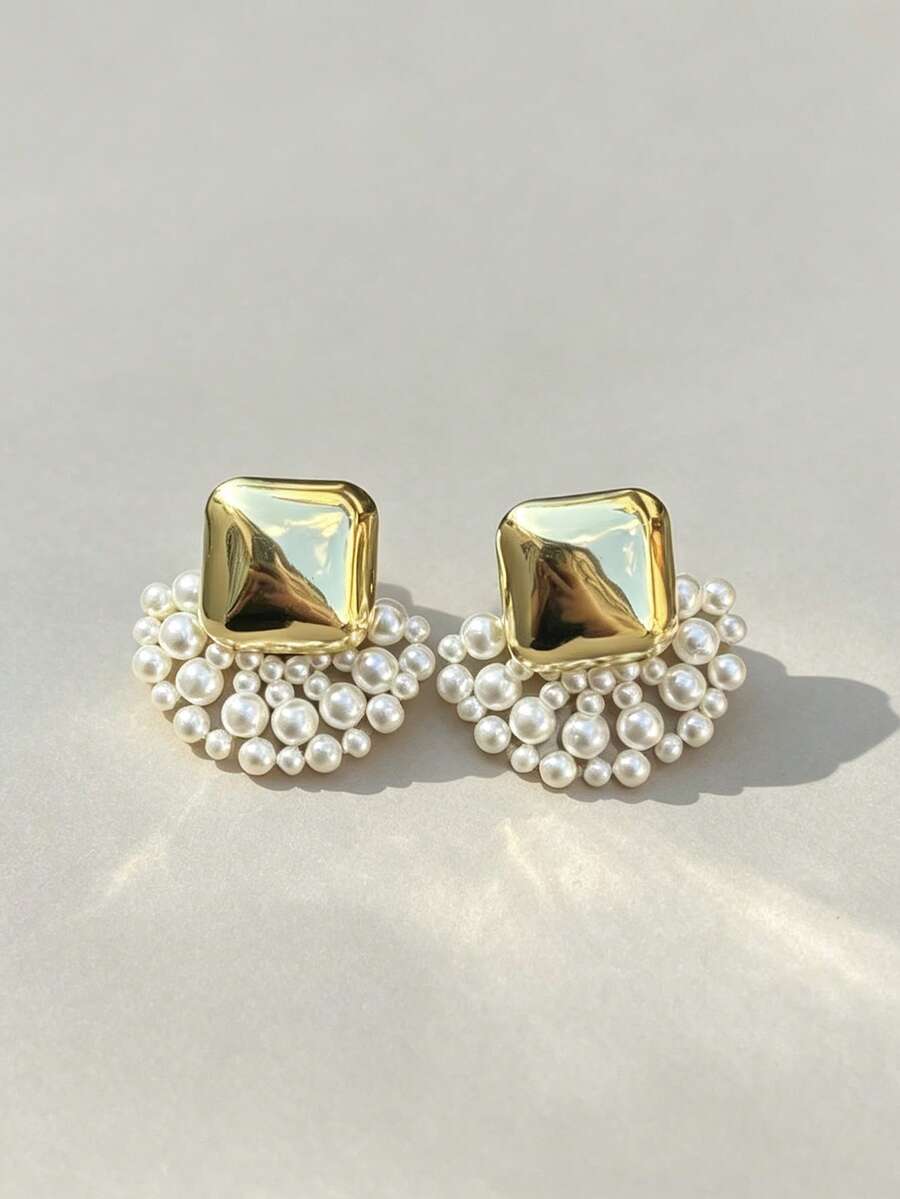 1 Pair Elegant Square Pearl Cluster Earrings, Luxury Vintage Style ...