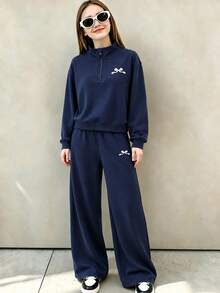 Tween Girl Cartoon Print Warm Crew Neck Sweatshirt And Sweatpants - Royal Blue - View 1