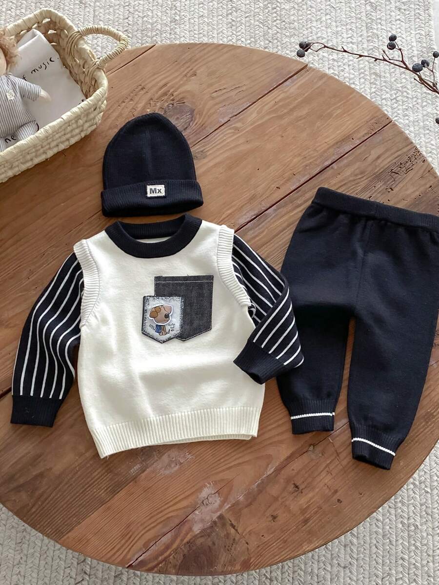 Infant Toddler Boys Girls Korean Style 2 Pieces Knit Set, 2 In 1 Patchwork Black & White Striped Long Sleeve Pullover Sweater With Puppy Cartoon Applique And Denim Pocket Decor, Black Ribbed Cuffed Pants - Black and White - View 1