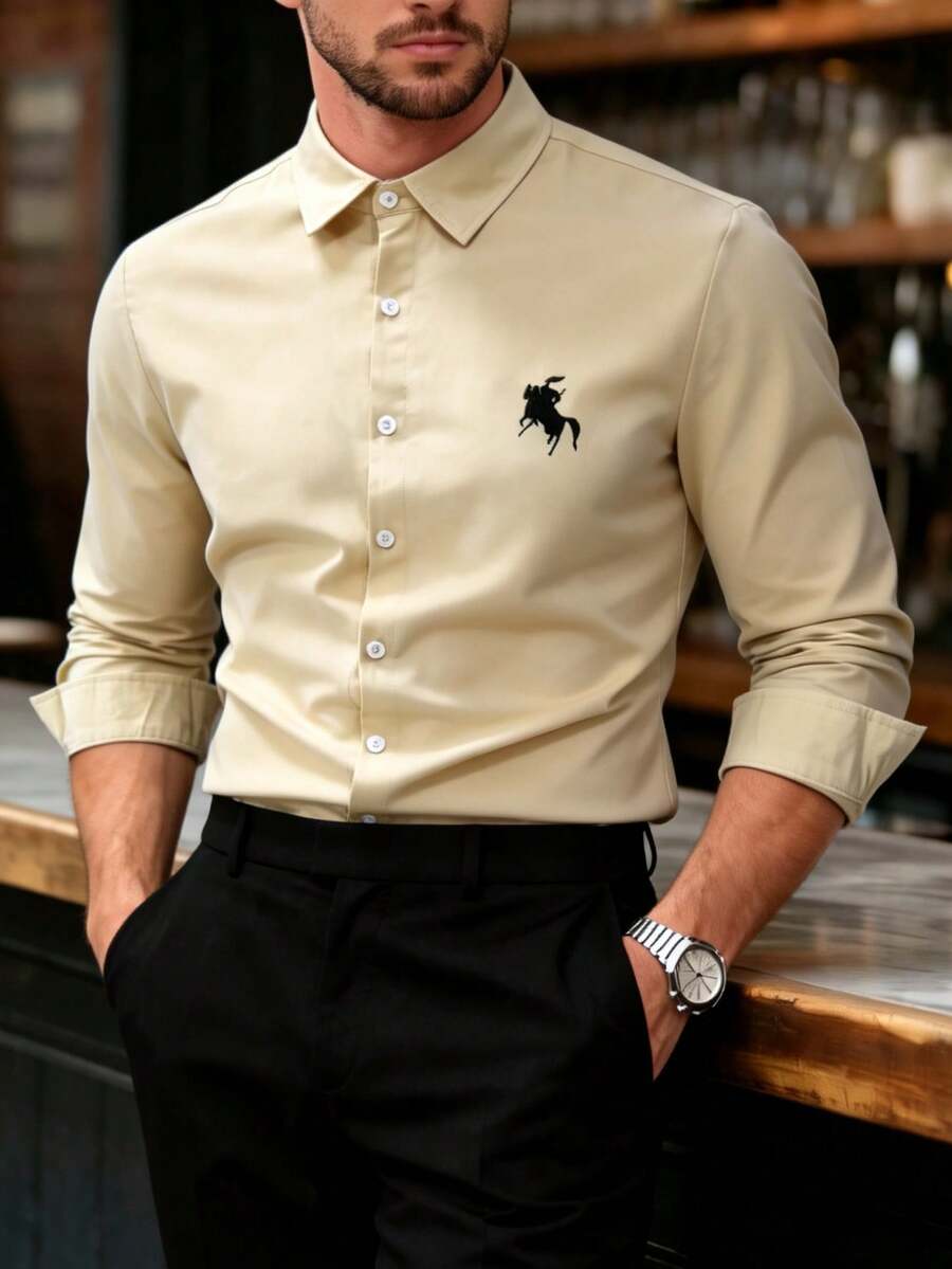 Men's Spring/Summer Business Casual Fashion Commute Solid Color Heat Transfer Print Long Sleeve Shirt, Suitable For Outings And Commuting, Gift For Boyfriend/Husband - Apricot - View 1