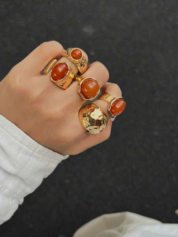 1 Set 5pcs Vintage Personalized Creative Ins Style Faux Gemstone Metal Hammered Texture Open Adjustable Wide Ring Set Suitable For Women Daily Wear, Vacation, Party