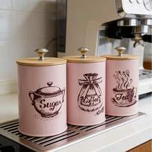 3pcs Sugar, Tea, And Coffee Canisters, Dust-Proof Bamboo Lid Containers, Multi-Functional Storage Boxes, Home Decor Jars, Mason Candle Jars, Pink Tea And Coffee Additive Containers With Lids, Kitchen Supplies - View 2