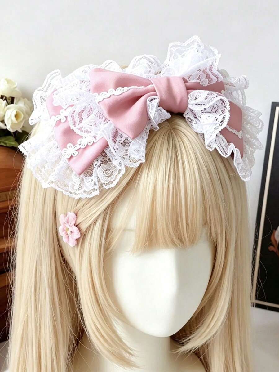 1件裝粉色緞面蝴蝶結寬版蕾絲髮箍,日系蘿莉塔風格,女款時尚 Cosplay 髮飾 - 粉色 - 查看 1