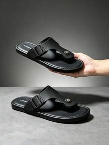 Men's Pure Black Metal Rivet Decorated Cross Strap Flip Flops, Comfortable Shock-Absorbing, Non-Slip Wear-Resistant Flat Sandals, Suitable For Spring/Summer Daily Commute, Outdoor Walking, Beach Vacation And Casual Wear, Fashionable Roman Sandals, Perfectly Matching Daily Needs - Black - View 2