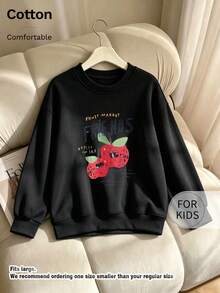 Tween Girl Crew Neck Sweatshirt, Fruit Market Cartoon Apple Friends Text Print Pure Cotton Pullover - Black - View 9