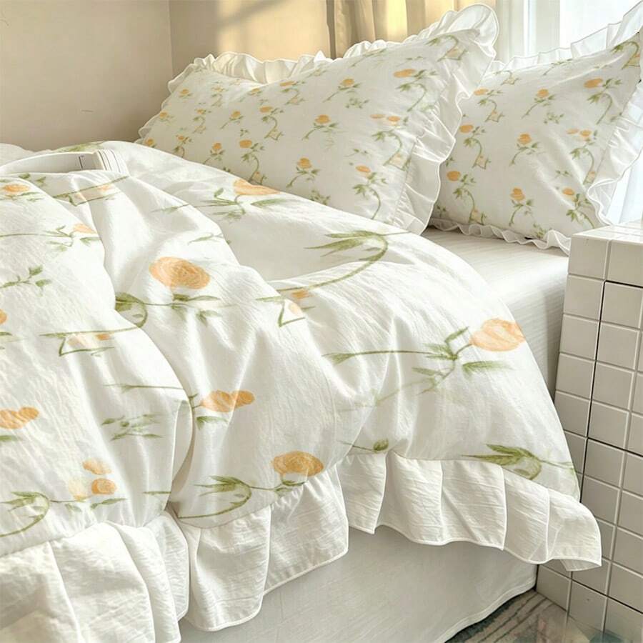 2/3pcs Pink Floral Pattern Fresh Elegant Design Ruffle Duvet Cover Set, Set Includes 1 Duvet Cover + 1/2 Pillowcases, No Filling - Soft Comfortable Breathable Bedding, Suitable For All Seasons, Perfect For Creating A Cozy Warm Bedroom, Guest Room, Ultra Soft Breathable Absorbent Bedding - Multicolor - View 1