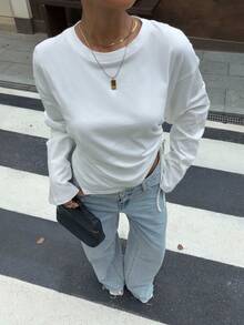 Women's Pure Cotton Long Sleeve T-Shirt, Round Neck, Side Drawstring Ruched Asymmetrical Hem, Cropped Y2K Casual Top - Off White - View 5