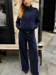 Women's Casual Lapel Button Zipper Solid Color Jacket And Wide Leg Pants 2-Piece Set, Flight Academy Style, Sporty Casual Outfit - Navy Blue - View 4