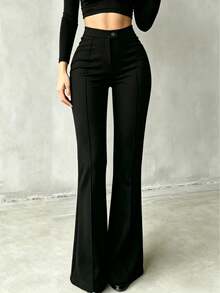 Women's Fashion Button Casual Long Pants For Business Office - Black - View 4
