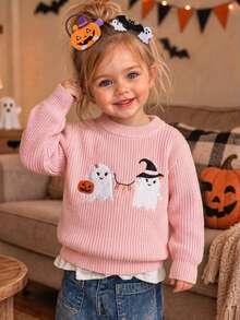 Girls Cute Ghost Embroidered Knit Pullover Sweater, Suitable For Halloween, Spring, Autumn, Winter - Pink - View 4