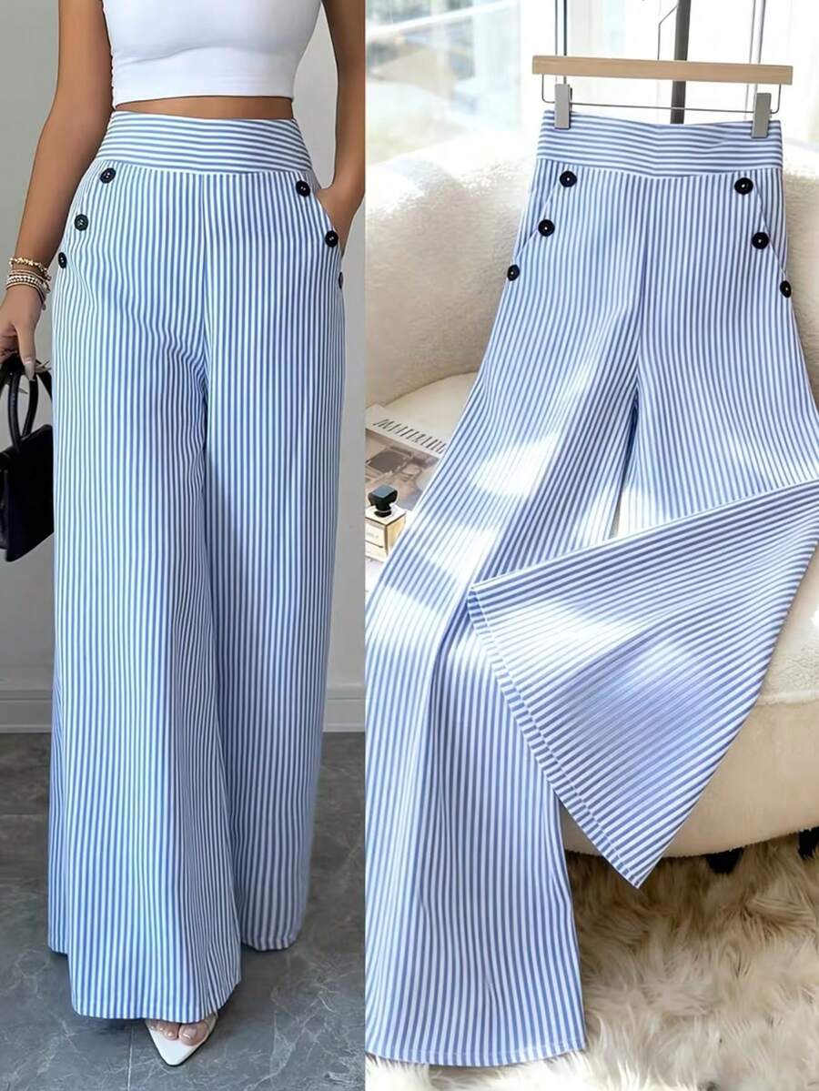Plus Size Women's Elegant Striped Wide Leg Pants, High Waist Straight Leg Loose Casual Long Pants