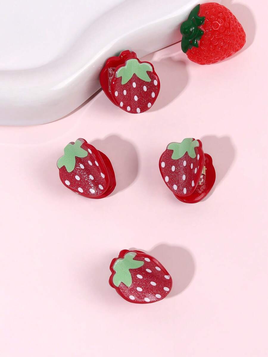 4pcs Colorful Red Strawberry Print Plastic Hair Clips, Cute Hair Accessories Suitable For Girls & Teenagers, Spring/Summer Travel Gift - Multicolor - View 1