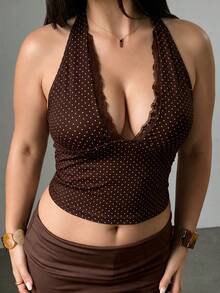 Plus Size Y2K Polka Dot Spaghetti Strap Crop Top, Women's Deep V-Neck Lace Trim Sleeveless Fitted Camisole - Brown - View 4