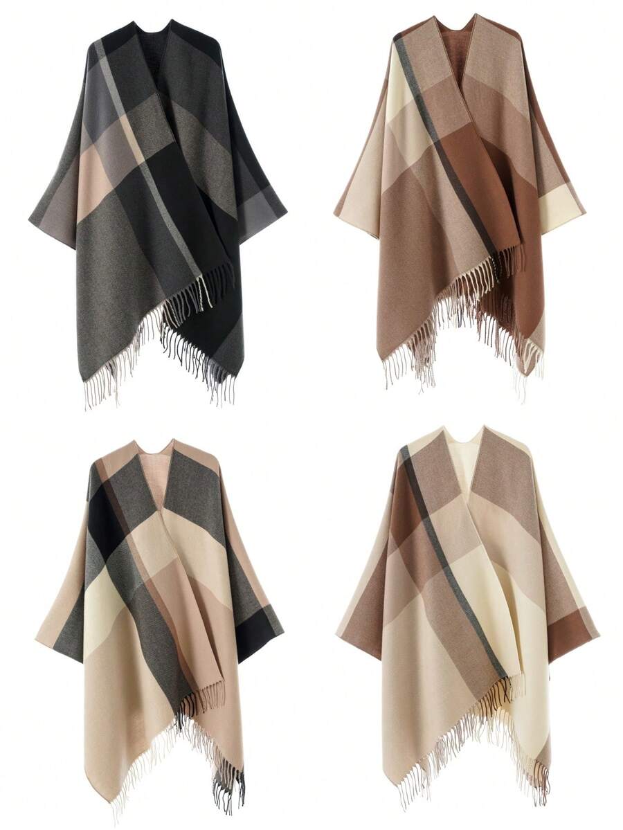 1pc Multicolor Optional Men's Autumn/Winter Vintage Plaid British Style Large Check Tassel Cardigan Cape Shawl, Loose Warm Thickened Cardigan Shawl - Multicolor - View 1