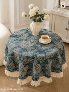 Vintage Blue Floral Round Tablecloth With Fringe, Woven Polyester Cotton Table Cover For Dining Table, Coffee Table, Side Table & Home Decor - Blue - View 9