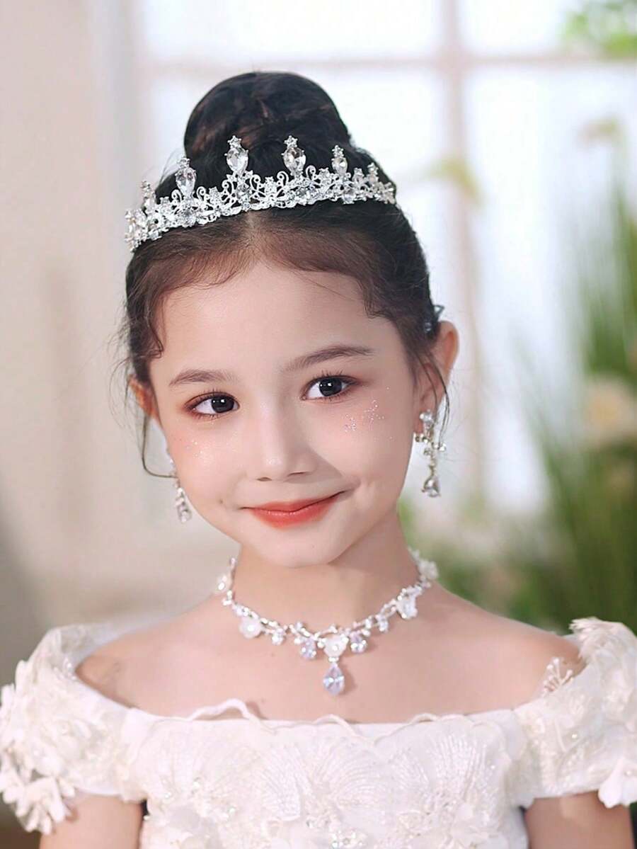 兒童飾品套組 精緻水鑽皇冠項鍊 兒童裝扮耳環 表演配件 嬰兒生日禮物 - 銀色 - 查看 1