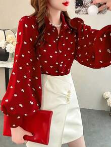 Spring/Summer Fashion Women's Red Heart Random Print Pattern Lapel Long Sleeve Pearl Decor Button Shirt, Suitable For Daily Wear - Red - View 3