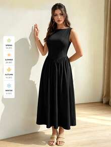 QIANZHIDU SUNSTORY Women's Autumn Black Boat Neck Sleeveless Cinched Waist A-Line Midi Dress, Suitable For Dates, Parties, Homecoming, Daily Wear - 黑色 - 查看 5