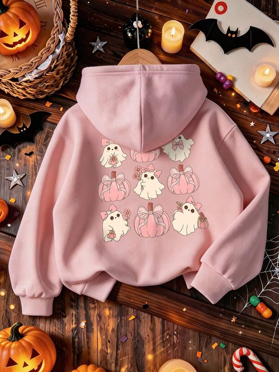 Tween Girls Pullover Hoodie, Cute Pink Ghost Pumpkin Halloween Back Graphic Print, Fall Winter Casual Daily Tops - Pink - View 1