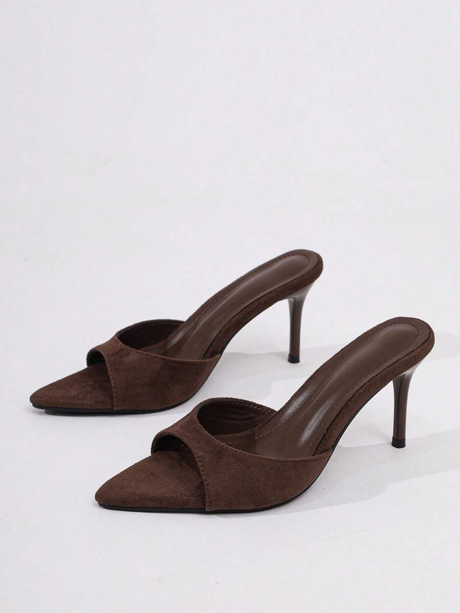 Women's Pointed Toe Mule Sandals, Brown Slip-On Open Toe Kitten Heel Shoes, Suitable For Formal And Casual Wear, Summer High Heel Shoes - Coffee Brown - View 1
