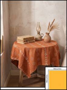 1pc Orange-Red Background White Flower Geometric Embroidered Tablecloth, Vintage Pastoral Style Fabric Material, Round Floral Vine Embroidery Detail Decoration, Home Use Round Tablecloth Suitable For Daily Home And Vintage Dining Table Arrangement - Orange - View 13