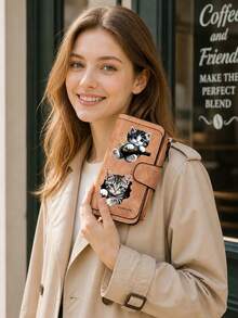 Gray Tabby Cat Design Retro Wallet, Two Fold Multi Zipper Separated Wallet, Coin Purse, Multiple Card Slots And Cash Compartments, Daily Commuting - Multicolor - View 3