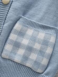 bearleader Autumn/Winter Girls Knit Set, Plaid Large Lapel Front Button Sweater With Pockets, Grey Skirt, British Academy Style - Blue - View 7
