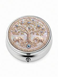 1pc Elephant & Blue Eye Tree Of Life Pattern Round Metal Pill Box, 3-Compartment Portable Storage Box, Pill Vitamin Small Accessory Organizer, Pocket Size, Home Outdoor Travel Carry, Durable, Compact Elegant Creative Gift - Multicolor - View 2