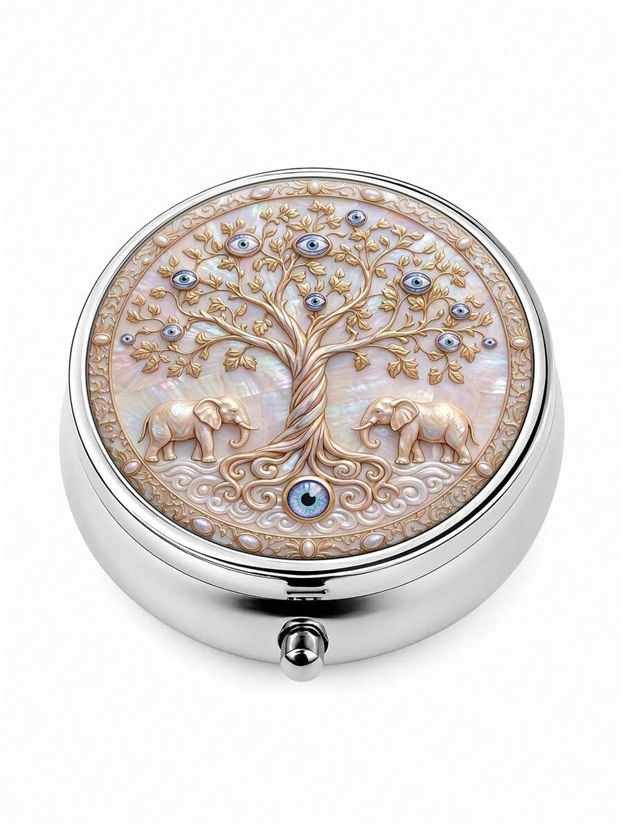 1pc Elephant & Blue Eye Tree Of Life Pattern Round Metal Pill Box, 3-Compartment Portable Storage Box, Pill Vitamin Small Accessory Organizer, Pocket Size, Home Outdoor Travel Carry, Durable, Compact Elegant Creative Gift