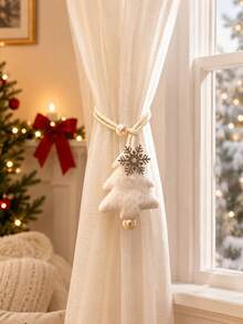 1/2pcs Christmas Tree Snowflake Curtain Tiebacks, Red Plush Holiday Curtain Tiebacks With Pearl Rope, Living Room And Bedroom Holiday Curtain Decor - Multicolor - View 5