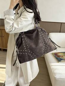 New Vintage Fashion Large Capacity Soft Faux PU Leather Tote Bag, Y2K Style Rivet Decor, Zipper Closure, Commuter Casual Shoulder Bag - Coffee Brown - View 3