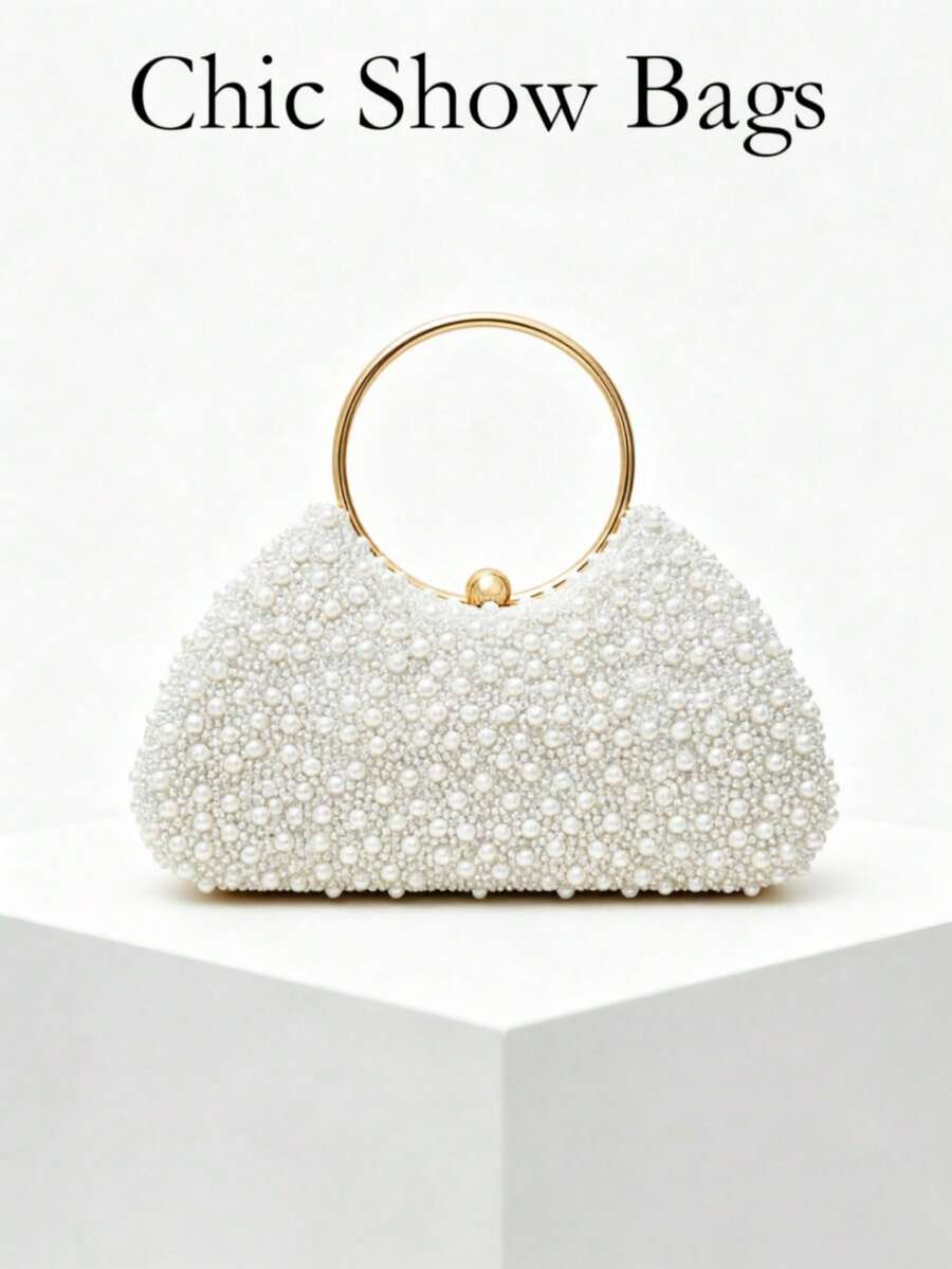 Women's Satin Bucket Bag With Pearl Mesh Overlay, Metal Ring Handle And Drawstring Closure, Elegant Luxury Handbag For Weddings, Parties And Banquets